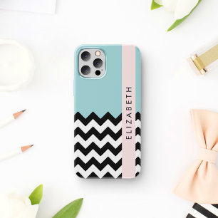 Funda Para iPhone 12 Pro Zigzag negro y blanco, chevron, azul, tu nombre