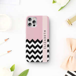 Funda Para iPhone 12 Pro Zigzag negro y blanco, chevron, rosado, tu nombre