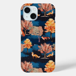 Funda Para iPhone 15 Zorro Otoñal Caprichoso Patrón Continuo Bosque Noc