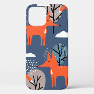 Funda Para iPhone 12 Zorros y árboles, fondo dibujado a mano. Mar colo
