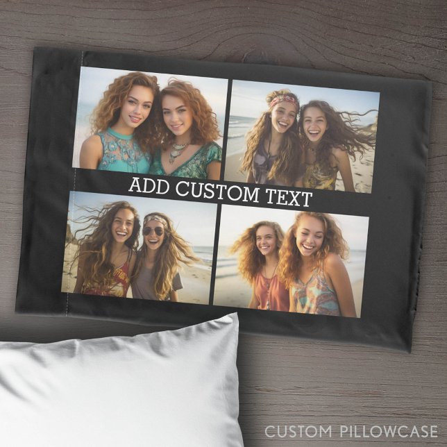 Funda De Cojín 4 Colaje de Fotos Horizontal con una Línea de Text (Custom Pillowcase with Photo Collage)