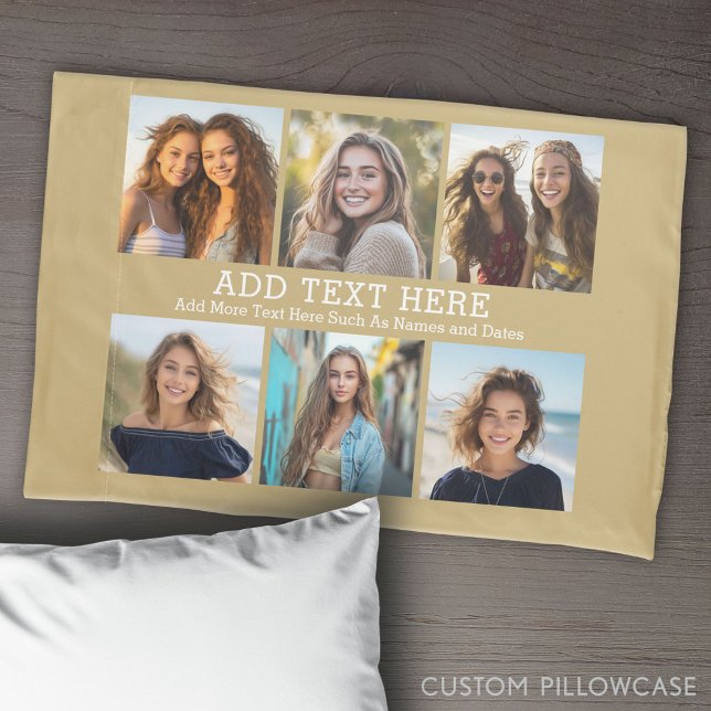 Funda De Cojín 6 Collage de fotos 2 Líneas de texto — Pastel Gold (Create Your Own Photo Collage Pillowcase)