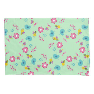 Funda De Cojín Abejas, pájaros y flores patrón verde
