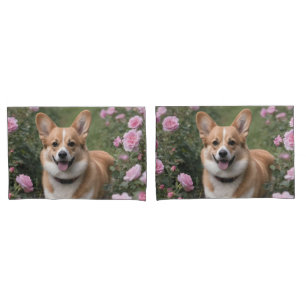 Funda De Cojín "Acompañante encantador: Un Corgi en un Jardín ros