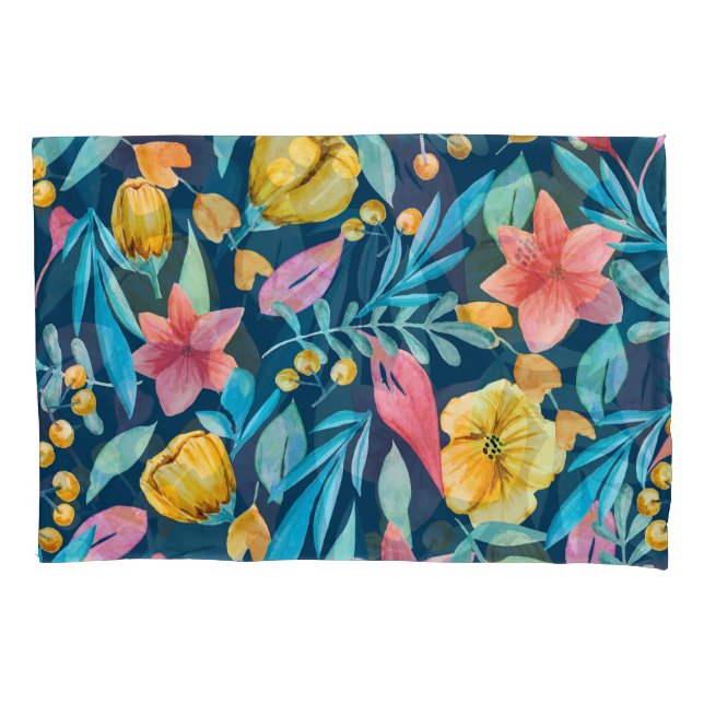 Funda De Cojín acuarela botánica: flores, hojas adornadas. (Anverso)