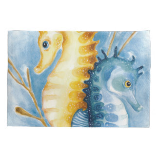 Funda De Cojín Acuarela de Naranja y caballito de mar azul