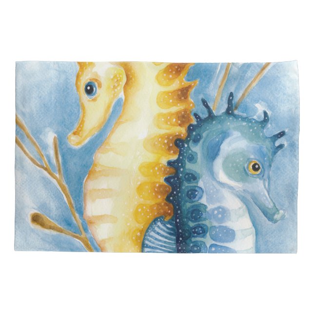 Funda De Cojín Acuarela de Naranja y caballito de mar azul (Reverso)