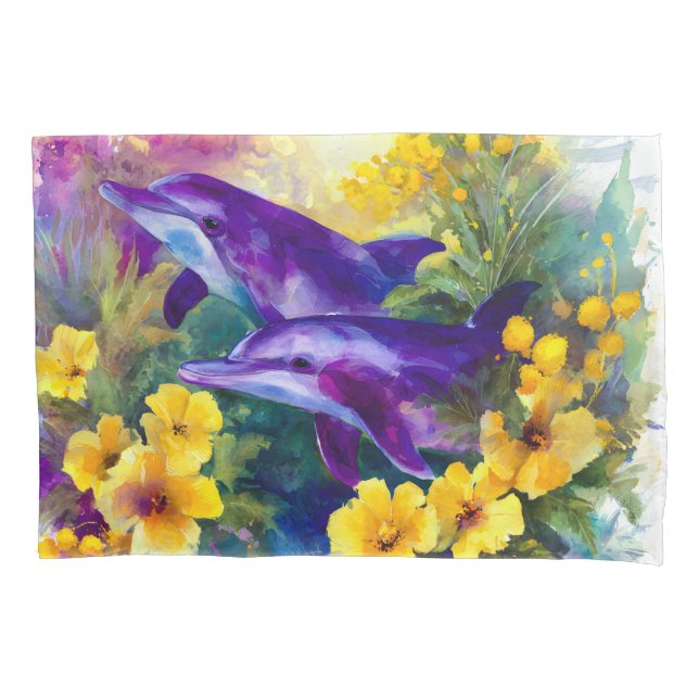 Funda De Cojín Acuarela delfines oceánicos flores tropicales (Anverso)