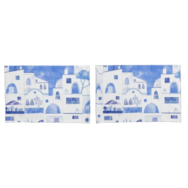 Funda De Cojín Acuarela moderna Santorini Isla Griega (Anverso - Set)