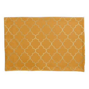 Funda De Cojín Amarillo Cúrcuma y Patrón de Cuatro Hojas en Dorad