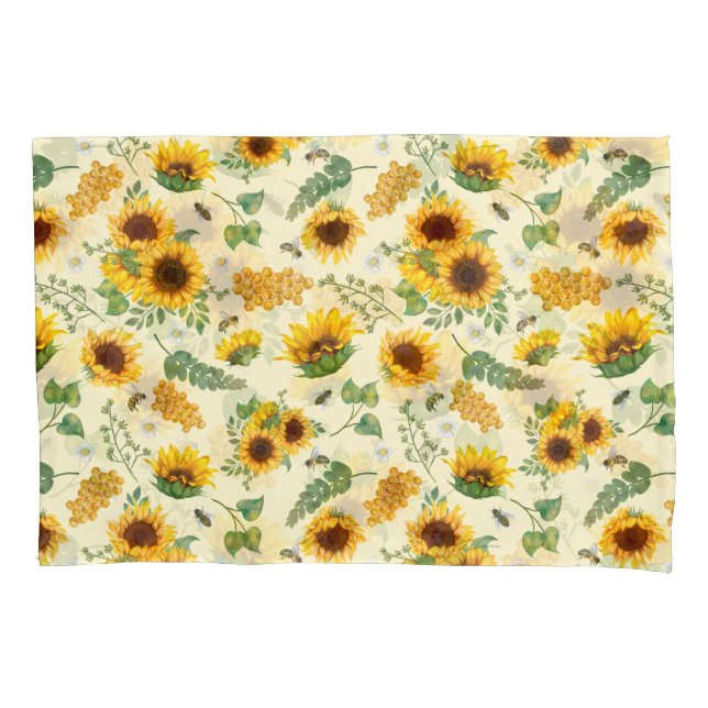 Funda De Cojín Amarillo Jardín girasoles Miel Abejas PillowCase (Anverso)