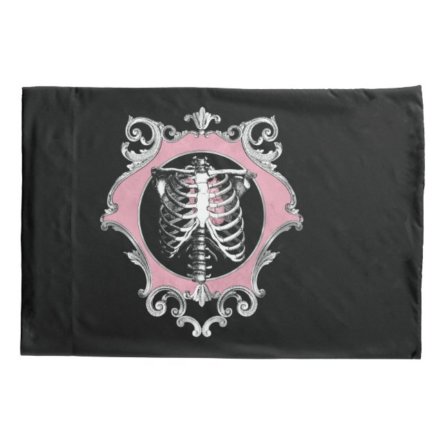 Funda De Cojín Amor gótico | Floral cardíaca rosa y negra de esqu (Reverso)