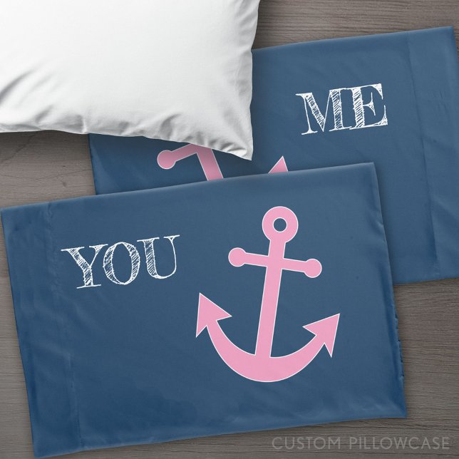 Funda De Cojín Anclaje rosa y naval con nombres personalizados (Custom Pillowcase)