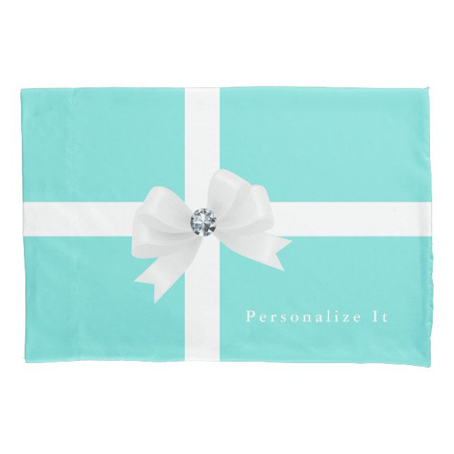 Funda De Cojín Aqua Blue & White Elegant Glam Diamond Bow (Anverso)