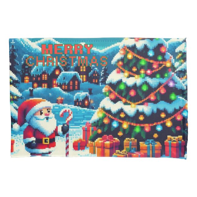 Funda De Cojín Árbol de Navidad de 8 bits y Santa (Anverso)
