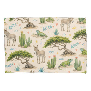 Funda De Cojín árbol divi de Aruba, burro, iguana, cactus