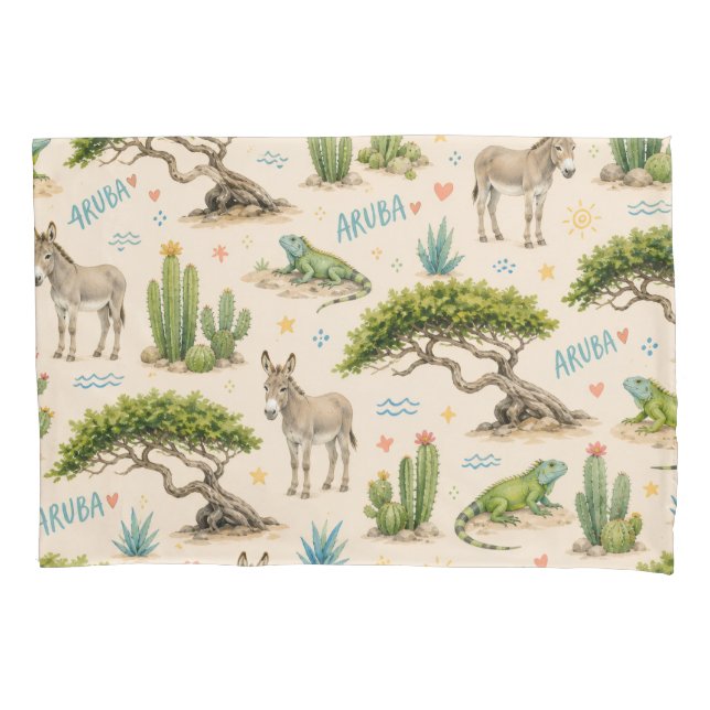 Funda De Cojín árbol divi de Aruba, burro, iguana, cactus (Anverso)