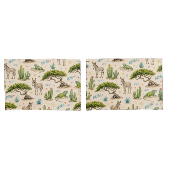 Funda De Cojín árbol divi de Aruba, burro, iguana, cactus (Anverso - Set)