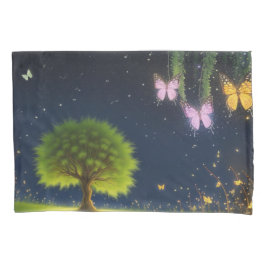 Funda De Cojín Árbol silvestre nocturno con mariposas y luciérnag