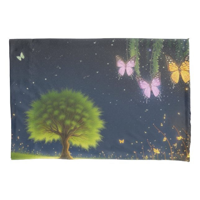 Funda De Cojín Árbol silvestre nocturno con mariposas y luciérnag (Anverso)