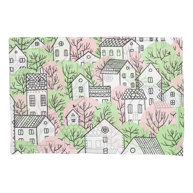Funda De Cojín Árboles, casas, paisaje de la ciudad primaveral (Anverso)
