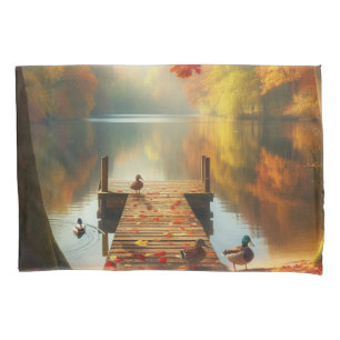 Funda De Cojín Árboles de otoño y lago con patos