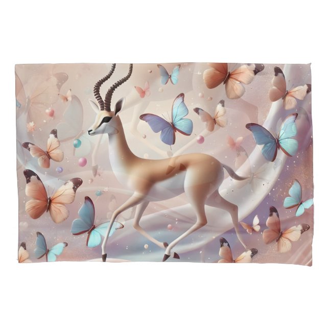 Funda De Cojín Arte de fantasía de gacela y mariposas (Anverso)