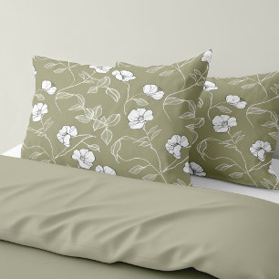Funda De Cojín Arte de línea floral minimalista verde oliva blanc