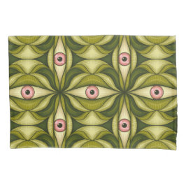 Funda De Cojín Arte maximalista botánico verde de ojo rosa Whimsi