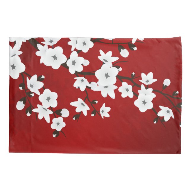 Funda De Cojín Asia Floral White Cherry Blossom Red (Reverso)