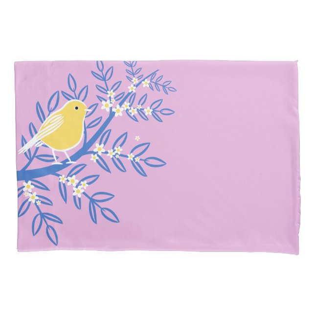 Funda De Cojín Ave amarilla ilustrada en un fondo rosado (Anverso)