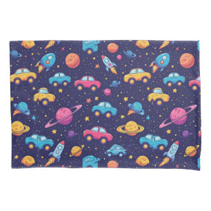 Funda De Cojín Aventura Espacial Colorida Con Coches, Cohetes