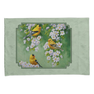 Funda De Cojín Aves de Goldfinch y flores verdes