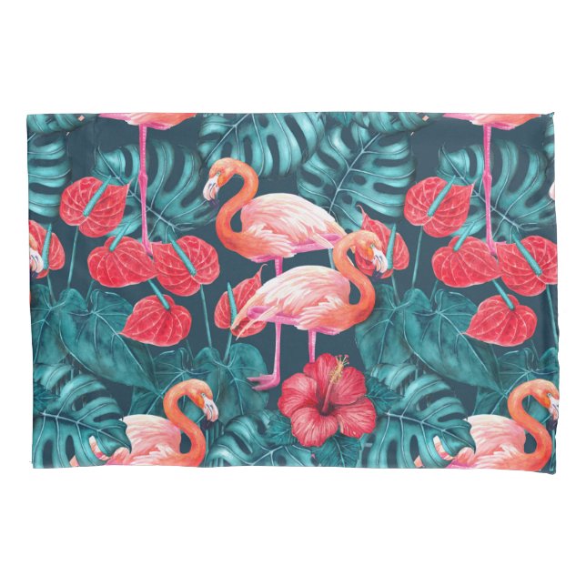 Funda De Cojín Aves flamencas y acuarela de jardines tropicales (Anverso)