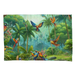 Funda De Cojín Aves tropicales coloridas entre una planta vibrant