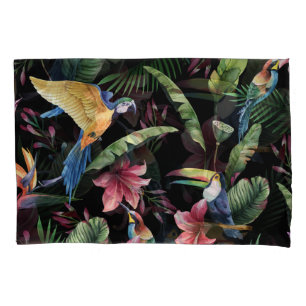 Funda De Cojín Aves tropicales, flores: patrón de acuarela.