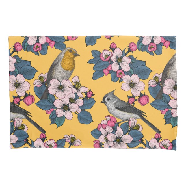 Funda De Cojín Aves y flores en amarillo (Anverso-izquierdo)