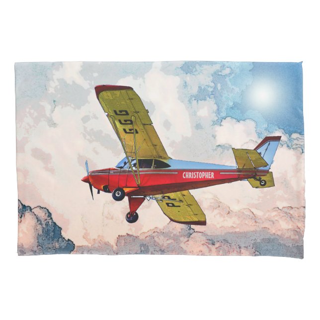 Funda De Cojín Avión personal amarillo rojo con su nombre (Anverso)