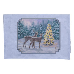 Funda De Cojín Azul invernal de ciervo y árbol de Navidad