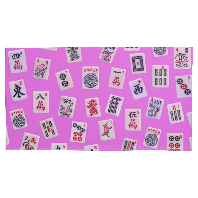 Funda De Cojín Baldosas de MahJongg sobre fondo rosa (Anverso-izquierdo)