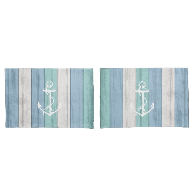 Funda De Cojín Banda náutica de la madera azul de la playa (Anverso - Set)