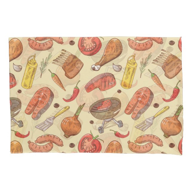 Funda De Cojín Barbacoa, parrillada, fondo a mano sin costuras. (Anverso)