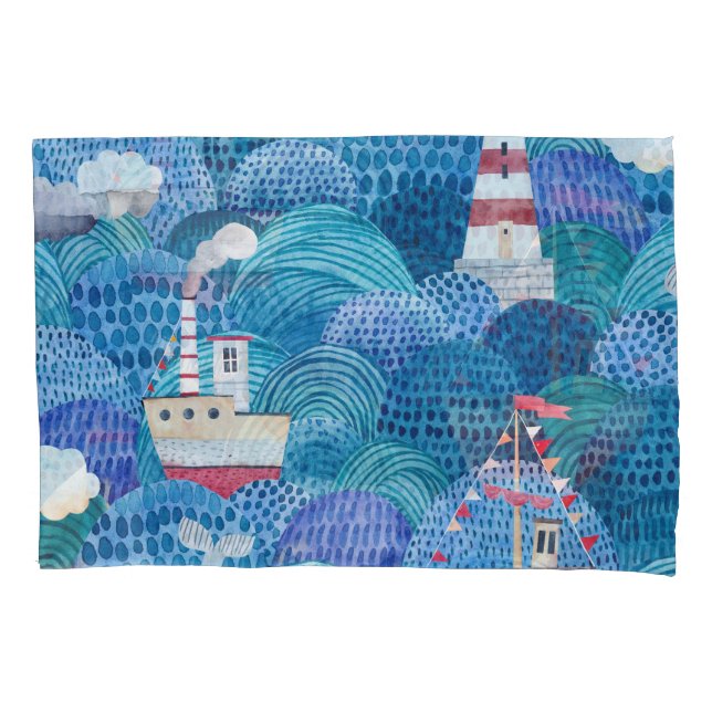 Funda De Cojín Barcos y faro: acuarela infantil (Anverso)