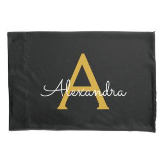 Funda De Cojín Black Gold Modern Script Girly Monograma Nombre