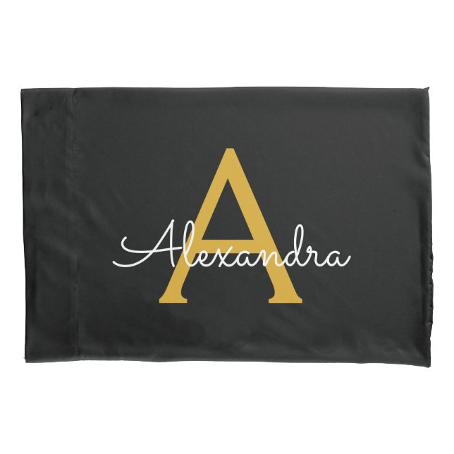 Funda De Cojín Black Gold Modern Script Girly Monograma Nombre (Anverso)