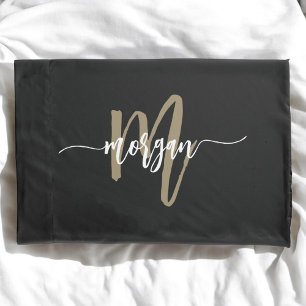 Funda De Cojín Black Gold Modern Script Girly Monograma Nombre