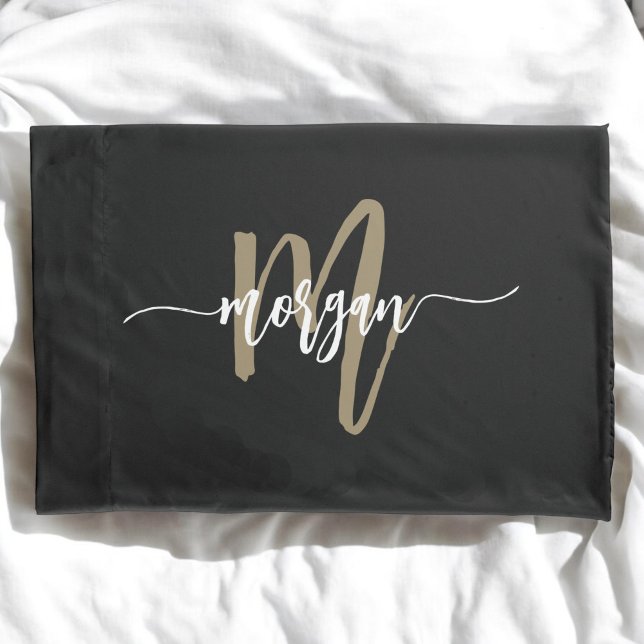 Funda De Cojín Black Gold Modern Script Girly Monograma Nombre (Subido por el creador)
