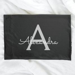 Funda De Cojín Black Silver Modern Script Girly Monograma Nombre