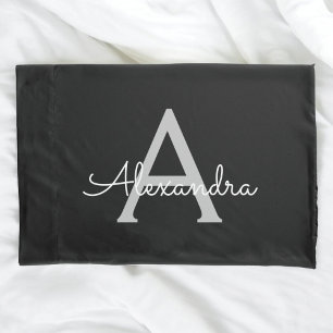 Funda De Cojín Black Silver Modern Script Girly Monograma Nombre