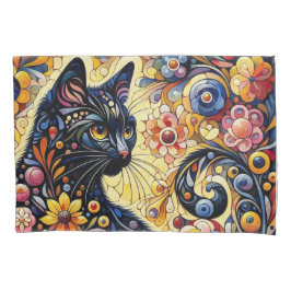 Funda De Cojín Black Whimsical Cat Resumen Arte de pintura floral